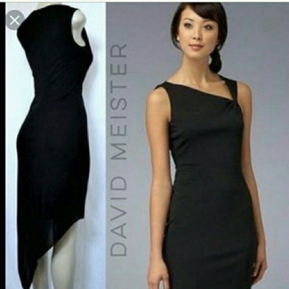 David Meister Asymmetrical Black Sheath Dress Sz 4